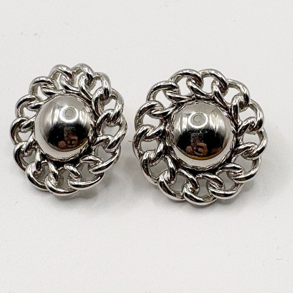Vtg Silvertone Round Button Clip On Earrings With Chain Trim Minimalist Classy
